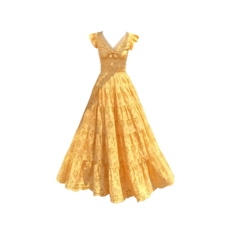 MTHE Sleeveless Dresses Women's Yellow Embroidery V Neck Moderate Long