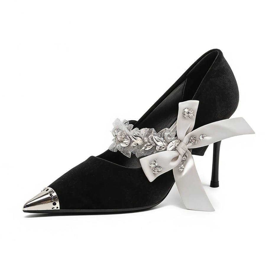 Lanza Pointed Toe, Leather Toe Cap, Metal Heel Protection, Velvet Texture, Slim Heel, High Heel, Rhinestone Jewelry