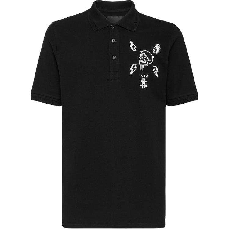 PHILIPP PLEIN Polo Shirts Men's Black Crew Neck Moderate Straight Fit