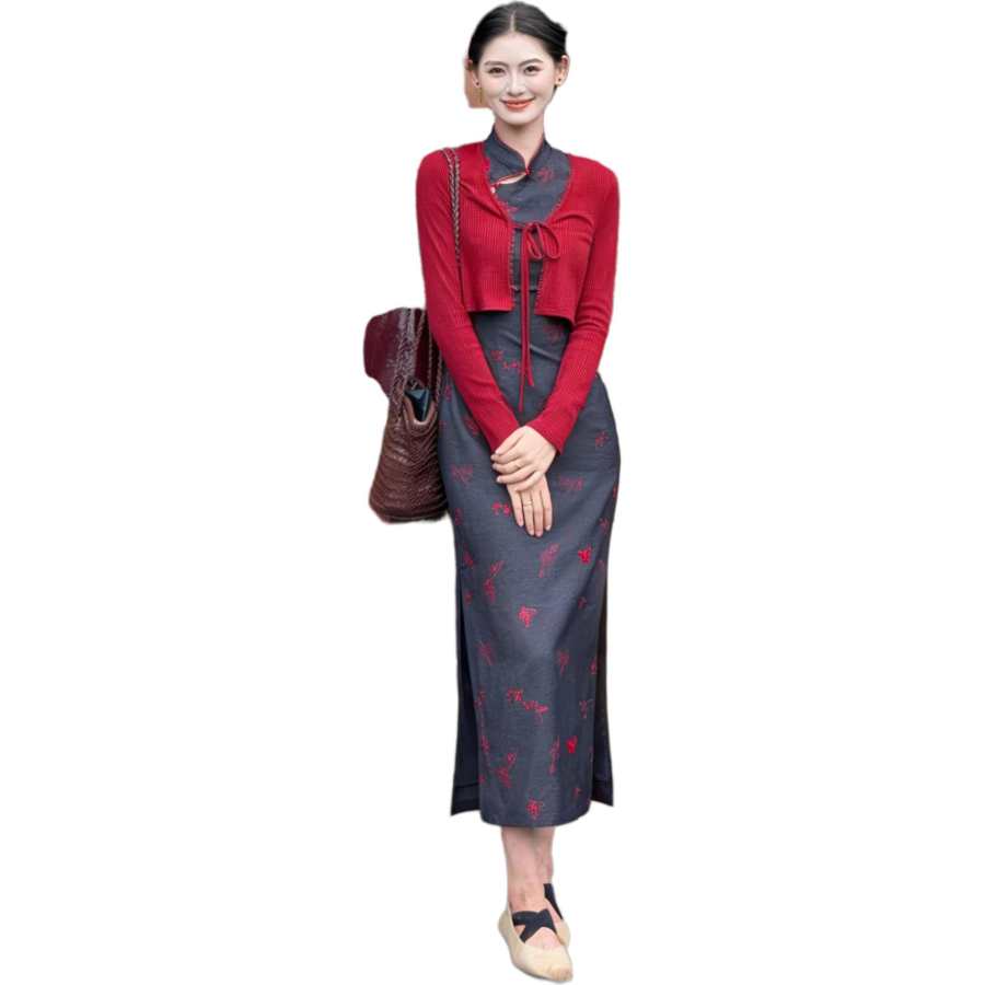VENICEW Two Piece Skirt Sets Women's Stand Collar Moderate Long
