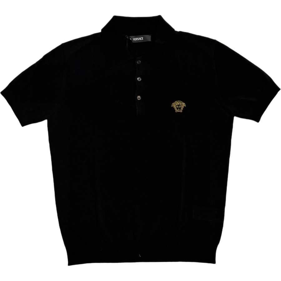 VERSACE Knitwear Men's Black Polo Collar Moderate Straight Fit