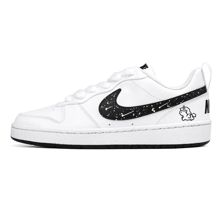 Nike Nike Court Borough Steam Rose, Lucky Unicorn Abrasion Resistant Low top Skateboard Shoes Black White Teenagers