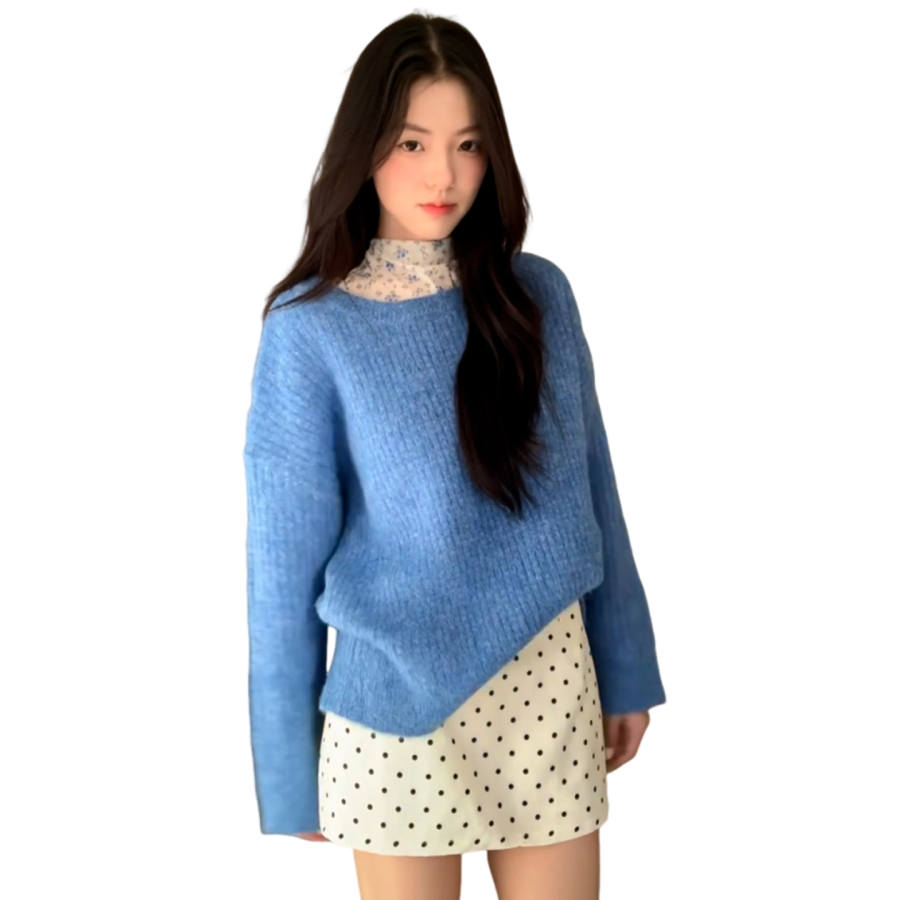 VENICEW Knitwear Women's Blue Crew Neck Moderate Mock Two Piece