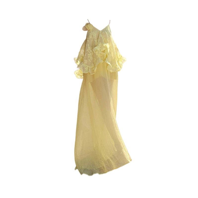 TUSHIFEI Slip Dresses Women's Yellow V Neck Thin Long