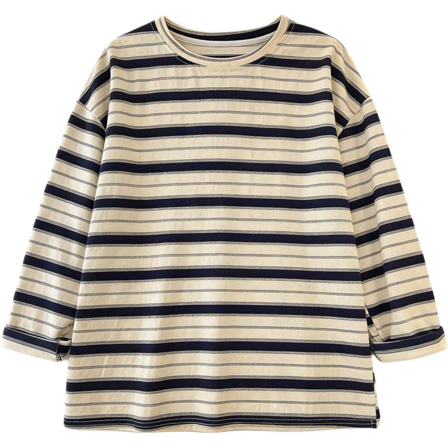 VENICEW T Shirts Women's Black Apricot Stripes Crew Neck Moderate Straight Fit