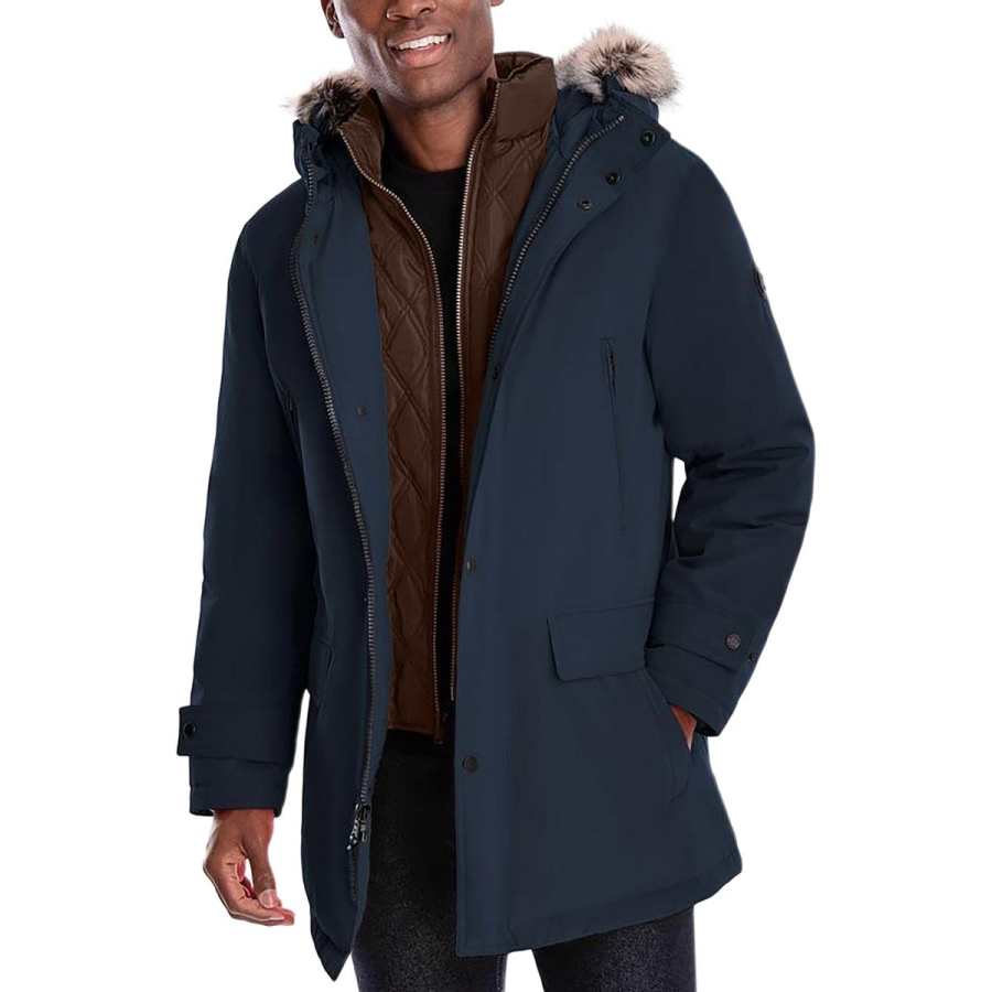 MICHAEL KORS Parka Coats Men's Marine Blue Hooded Non Detachable Moderate