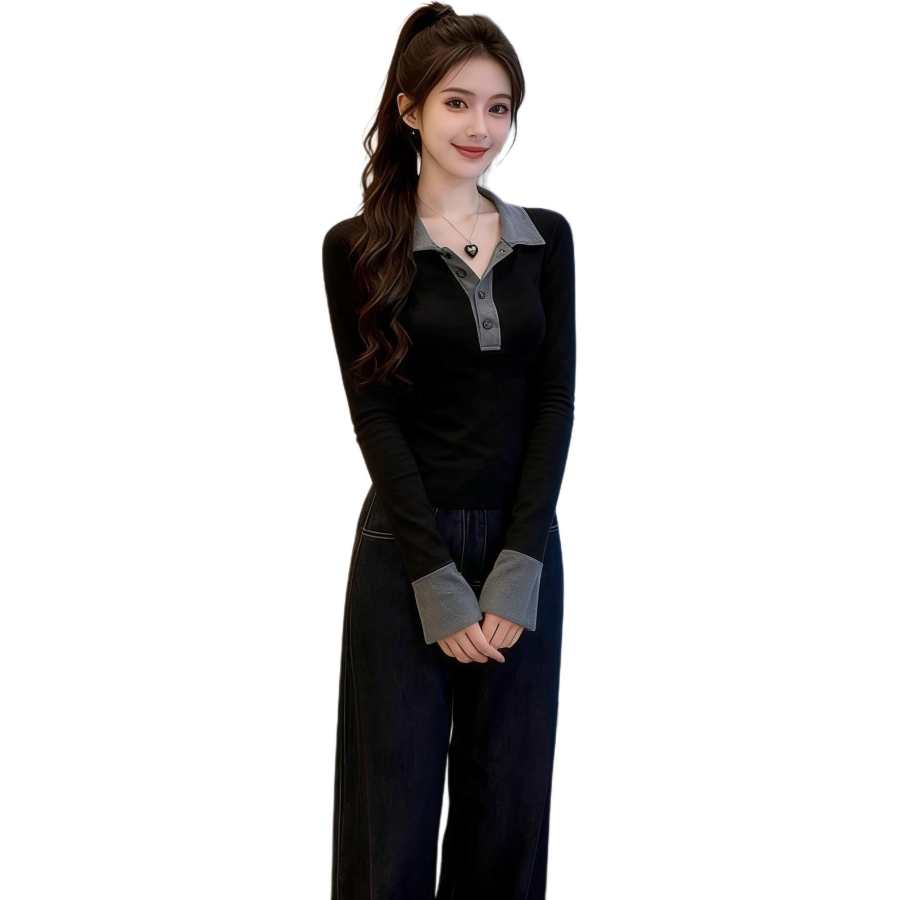 VENICEW T Shirts Women's Black Polo Collar Moderate Straight Fit