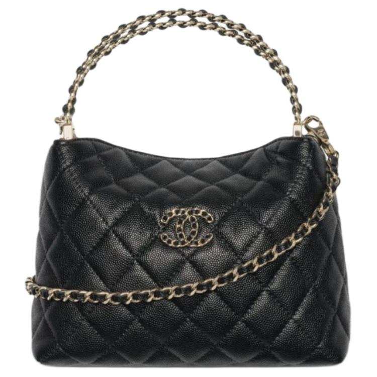 CHANEL Grain Shiny Calfskin & Gold Metal Handbag Women's Black