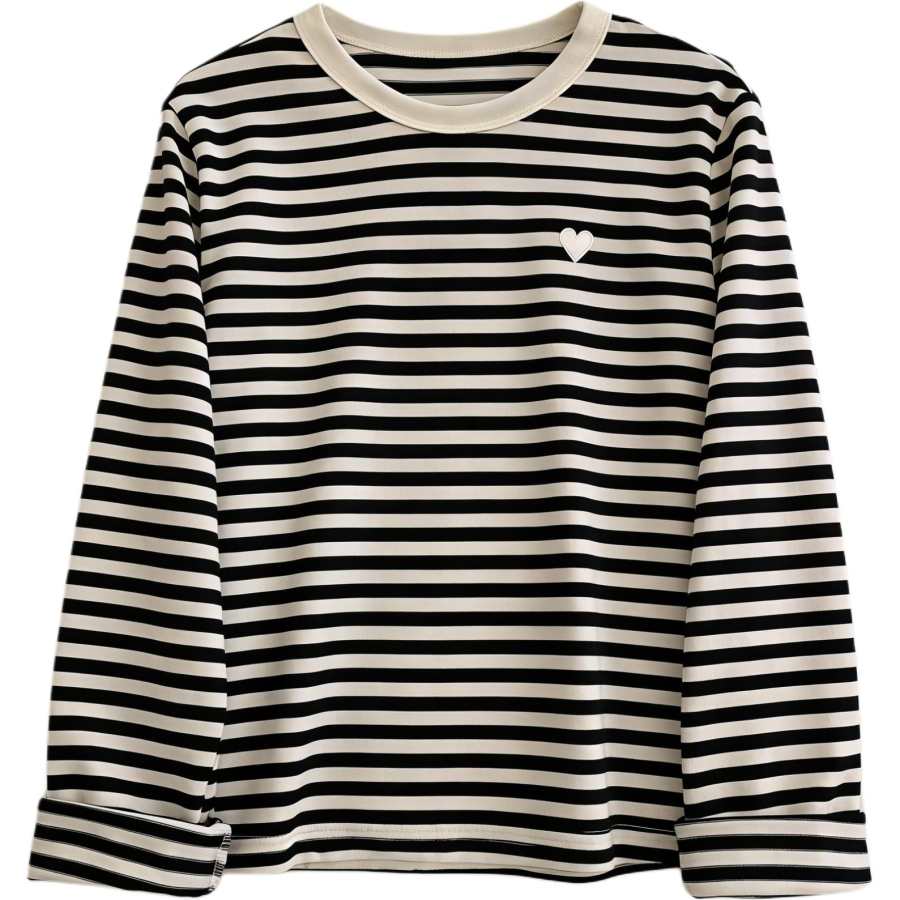 VENICEW T Shirts Women's Black Stripes Crew Neck Moderate Straight Fit