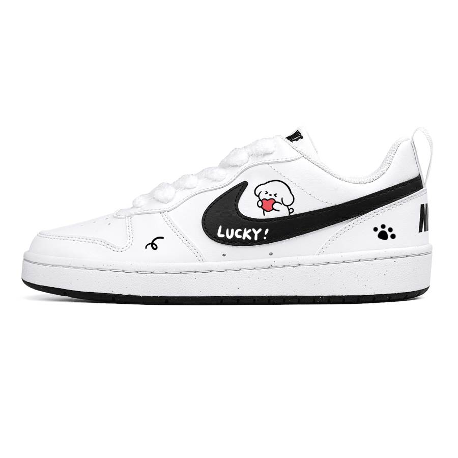 Nike Nike Court Borough Steam Rose, Lucky Puppy Cushioning Abrasion Resistant Low top Skateboard Shoes Black White Teenagers