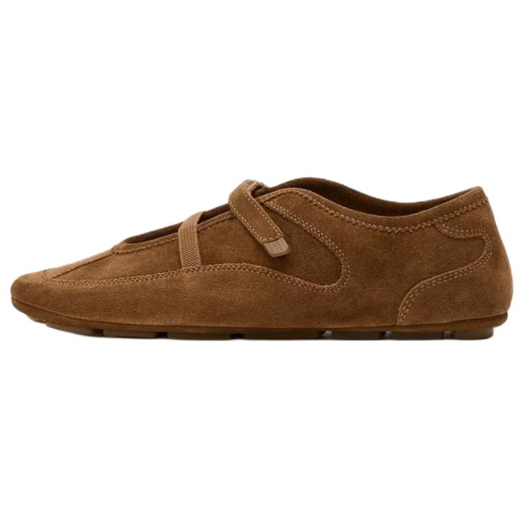 ZARA Cow Leather Flat Mary Jane Shoes 1CM Women's Brown