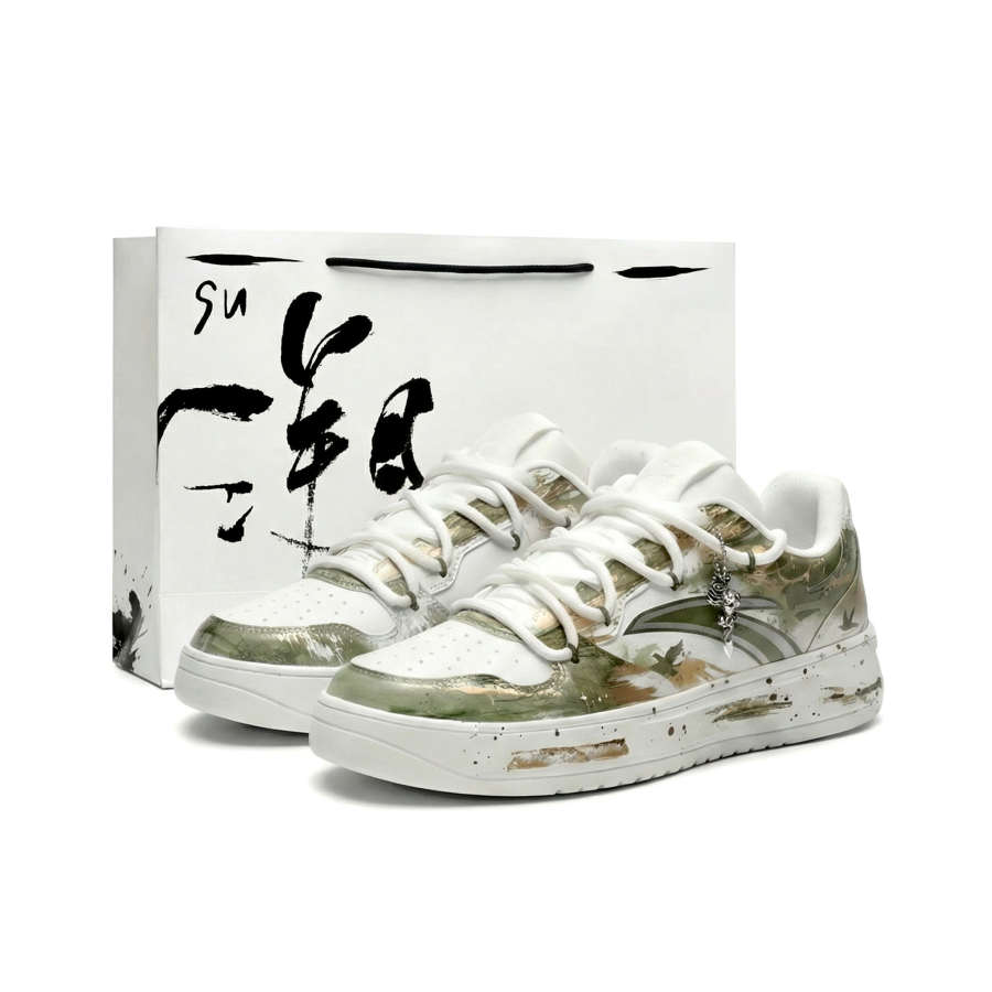 Anta Wild Gilded Synthetic Leather Slip Resistant Slip Resistant Low top Skateboard Shoes Unisex Green