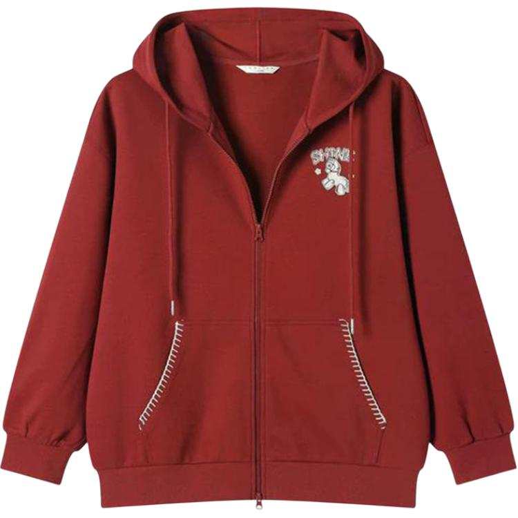 Tonlion Sweatshirts Women's Dark Red Hooded Moderate Cardigan