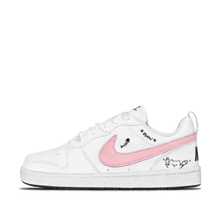 Nike Nike Court Borough 2 Playful Kitten Leather Abrasion Resistant Breathable Low top Skateboard Shoes White, Pink Unisex