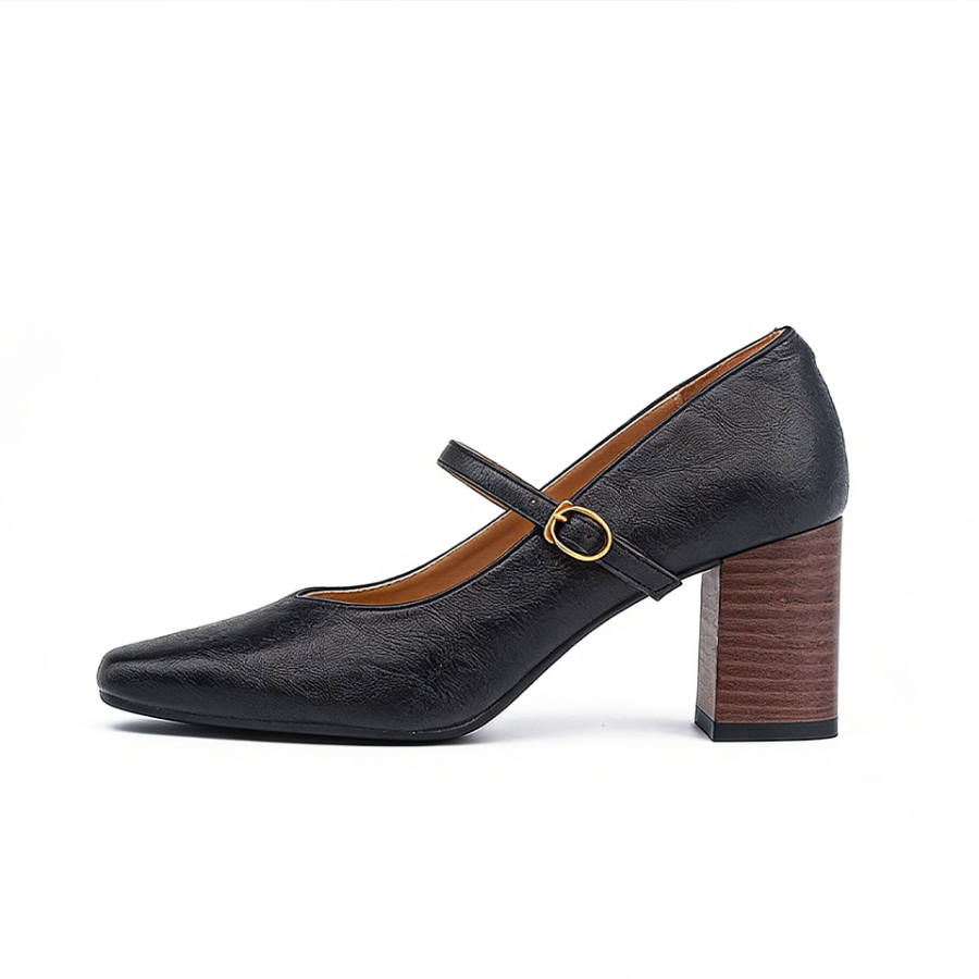 Lanza Vintage Square Toe Single Strap Metal Buckles Chunky Heel Delicate Leather Commute Versatile Mary Jane Shoes
