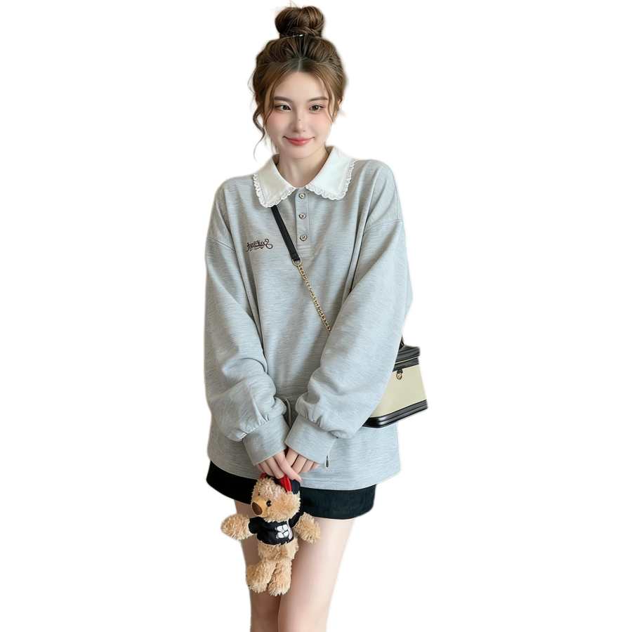 VENICEW Sweatshirts Women's Gray Polo Collar Thin Regular