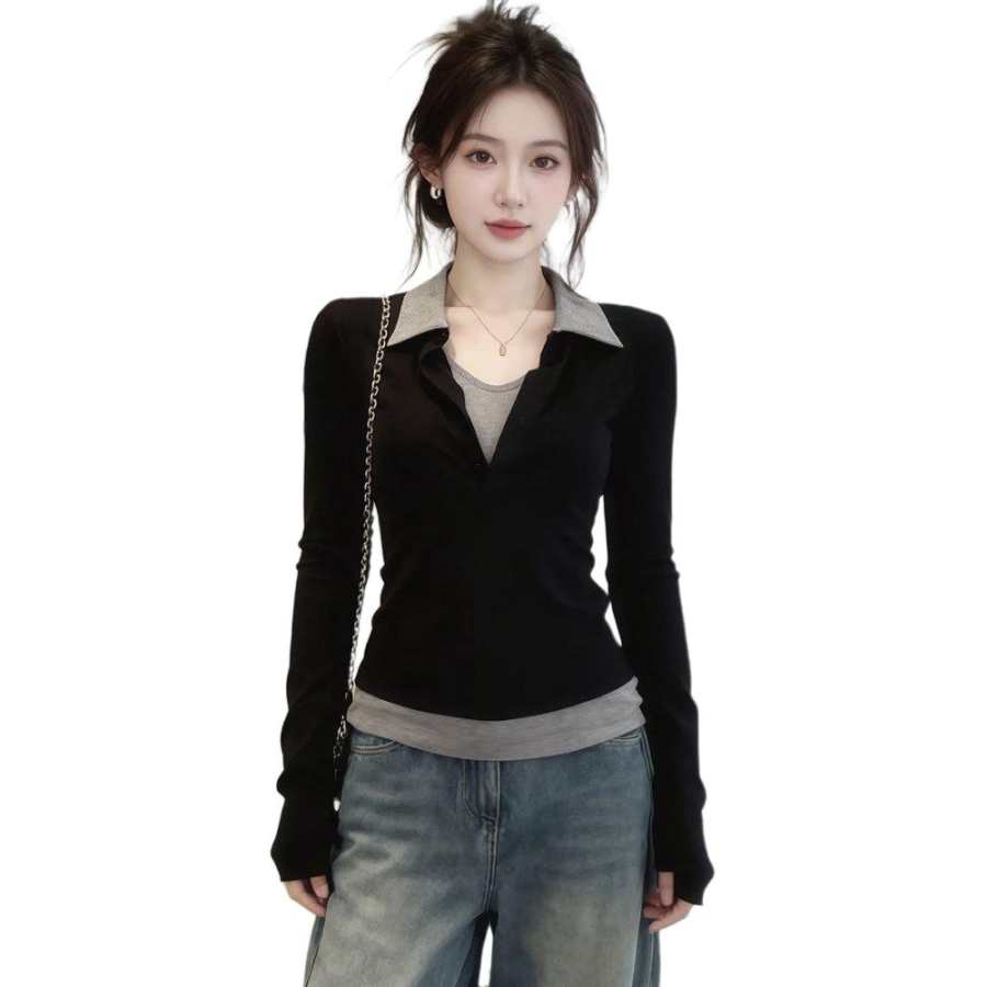 Cotton Gene Knitwear Women's Black Gray Color Polo Collar Thin Base Layer