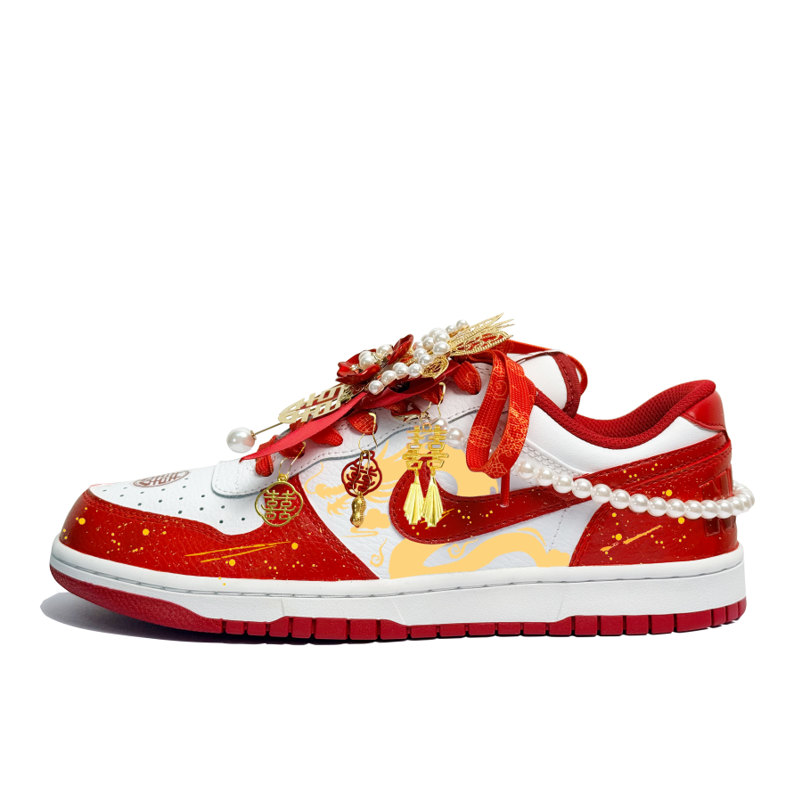 Nike Nike Big Cinnabar Dragon Reflection Leather Abrasion Resistant Slip Resistant Low top Skateboard Shoes Unisex Red White