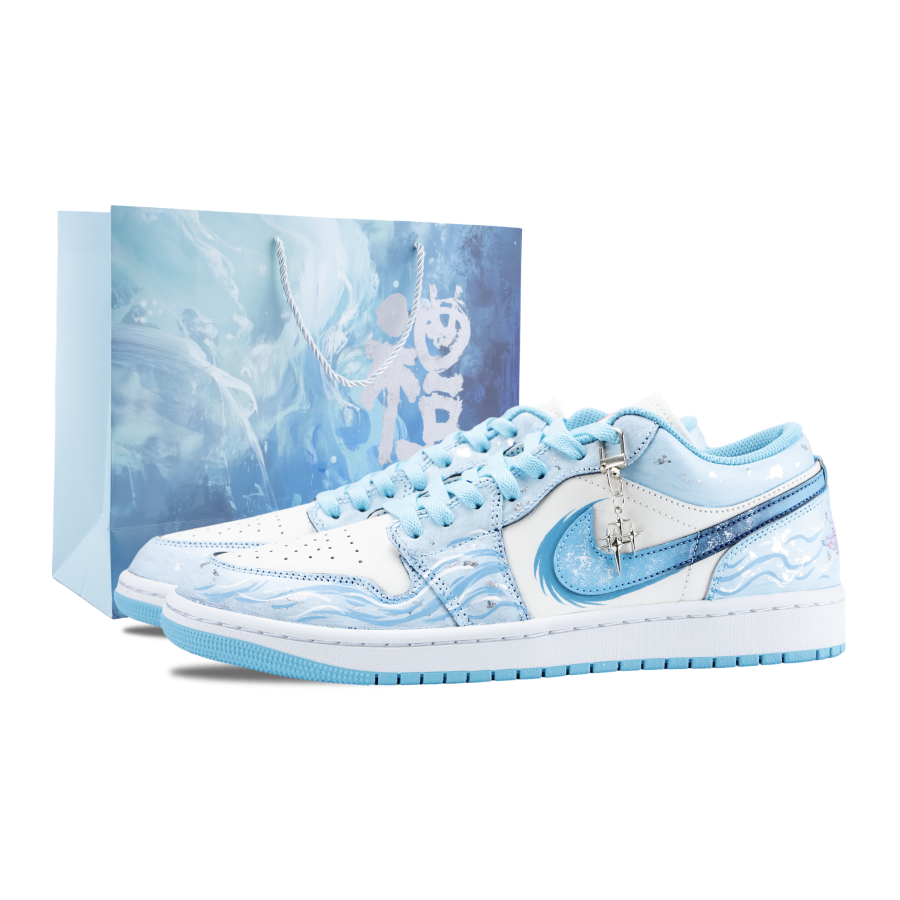 Jordan Jordan Air Jordan 1 Deep Sea Era Abrasion Resistant Low top Children's Basketball Shoes White Blue Teenagers