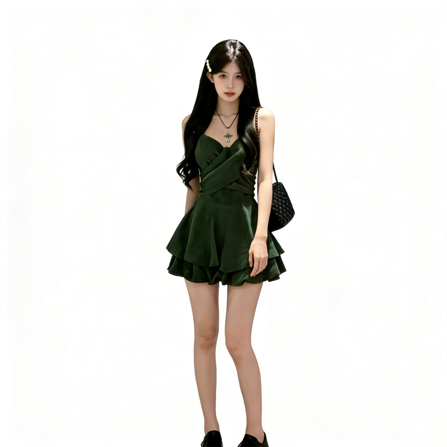 Cotton Gene Slip Dresses Women's Green V Neck Moderate Short