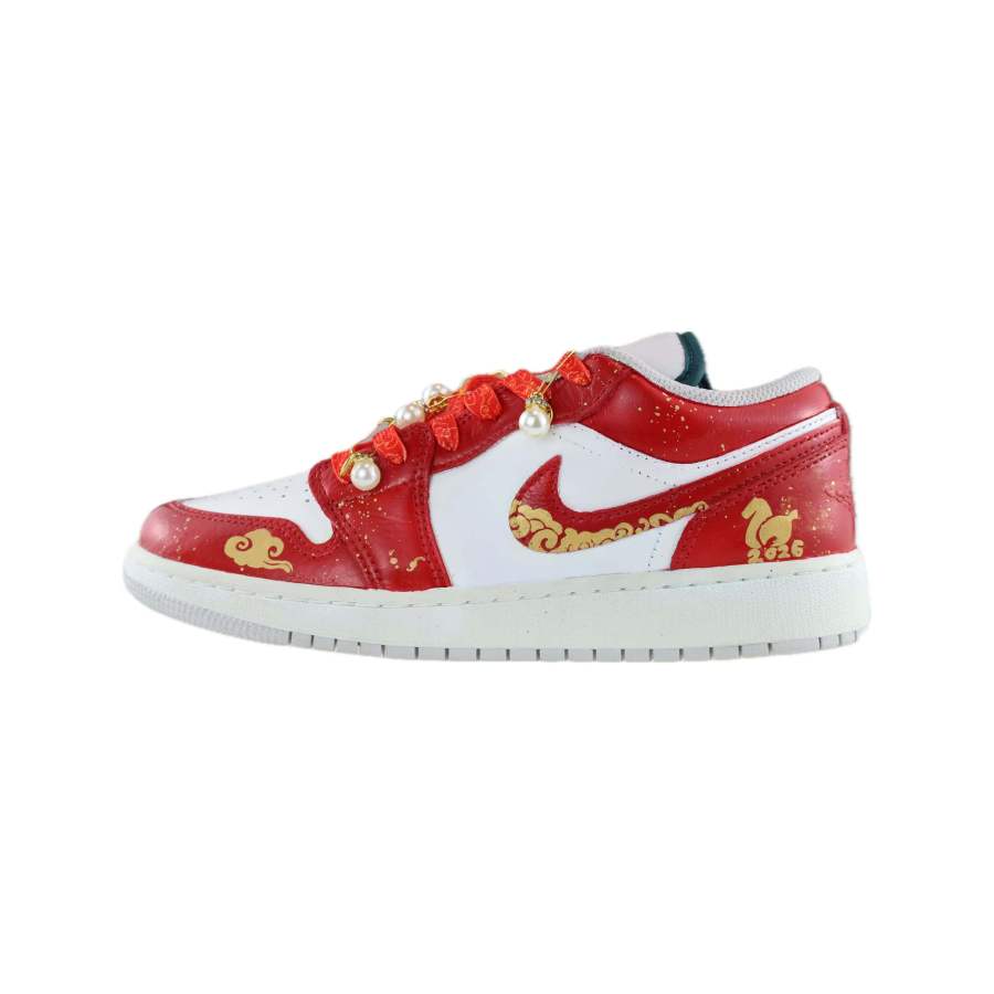 Jordan Jordan Air Jordan 1 Golden Horse Bestows Blessing Leather Low top Children's Basketball Shoes Red Unisex