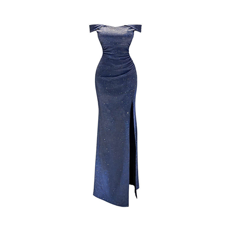 Aghr Sleeveless Dresses Women's Blue Boat Neck Thickened Long