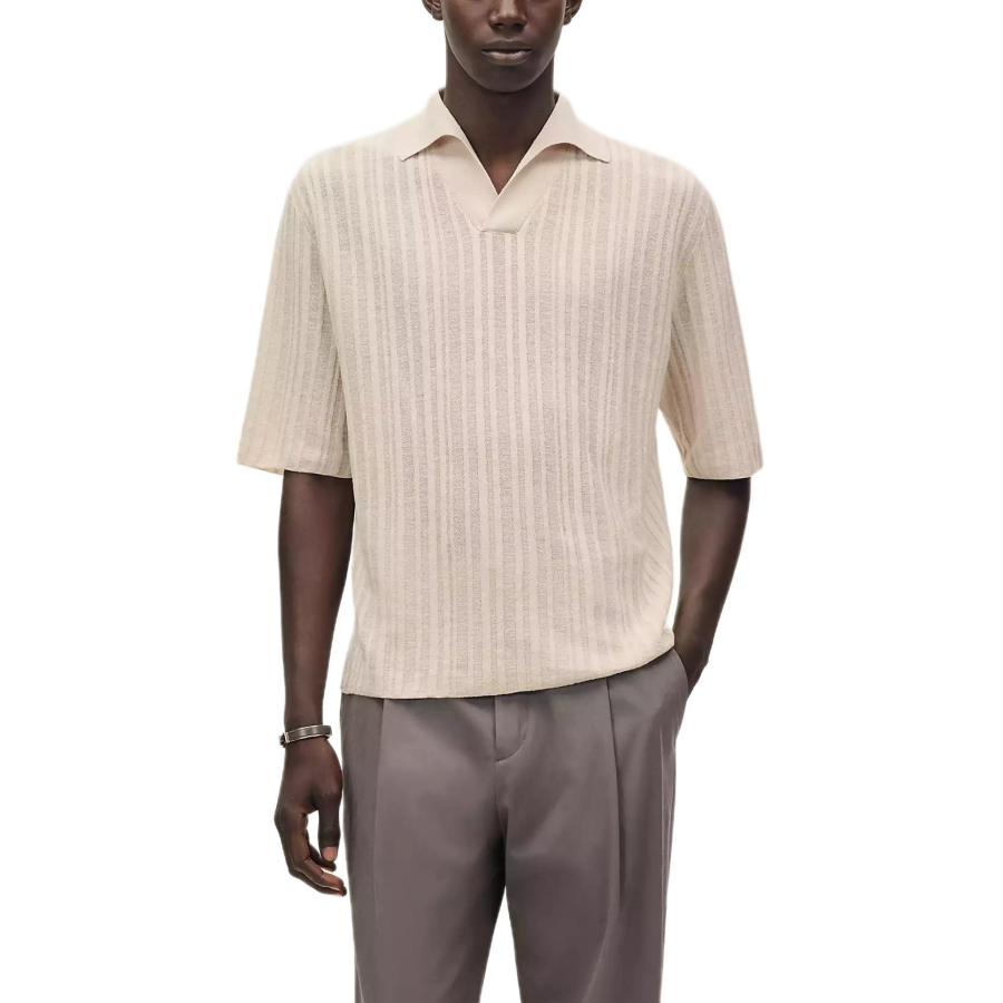 HERMES Polo Shirts Men's Beige Yellow Polo Collar Moderate