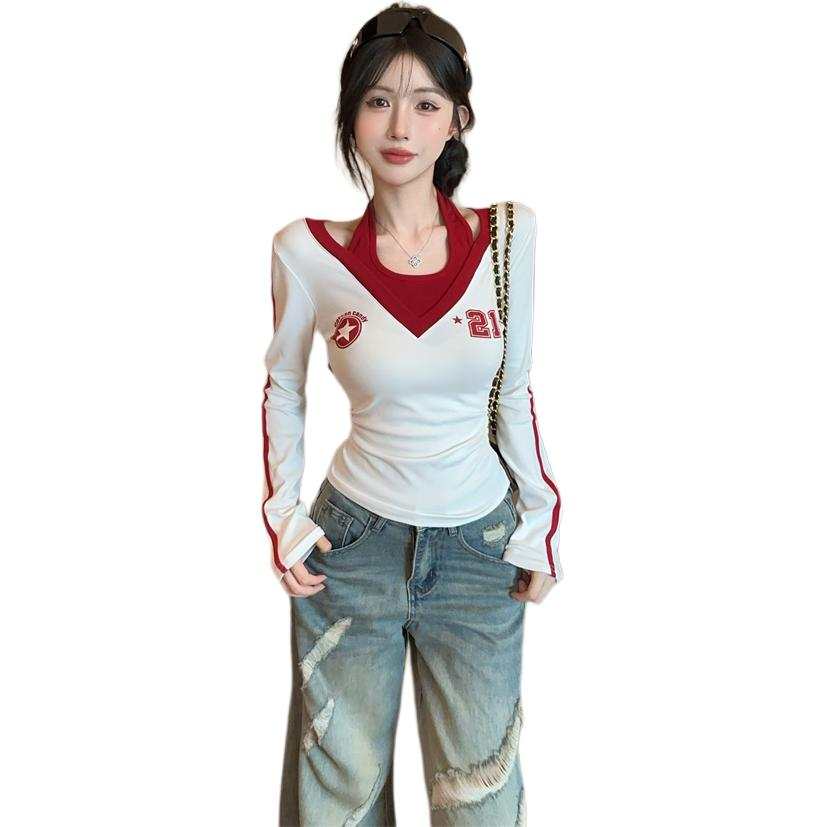 VENICEW T Shirts Women's Double Collar Moderate Mock Two Piece