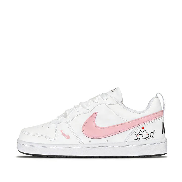 Nike Nike Court Borough 2 Intoxicated Cat Leather Abrasion Resistant Breathable Low top Skateboard Shoes White, Pink Unisex