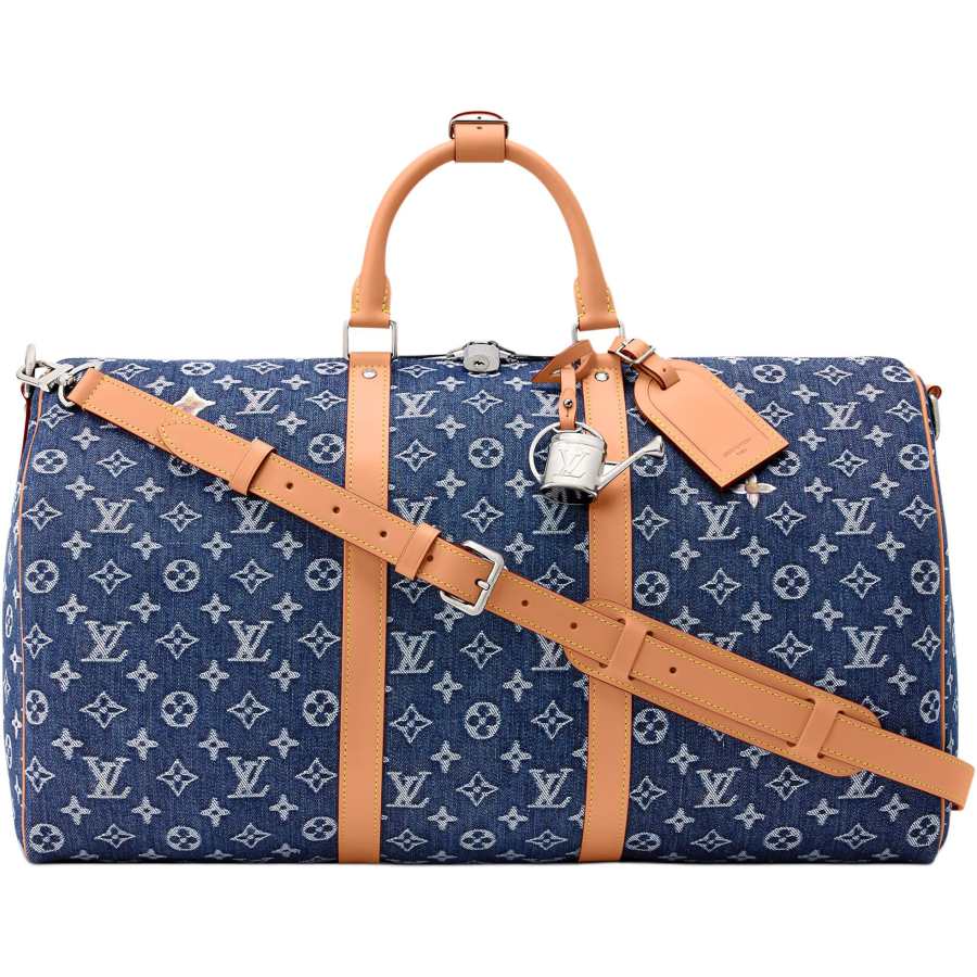 LOUIS VUITTON Keepall Monogram Floral Denim Travel Bag Men's Blue
