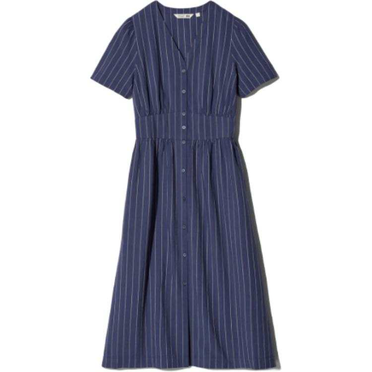 UNIQLO Comptoir Des Cotonniers Short Sleeved Dresses Women's Dark Blue V Neck Moderate Midi Dress