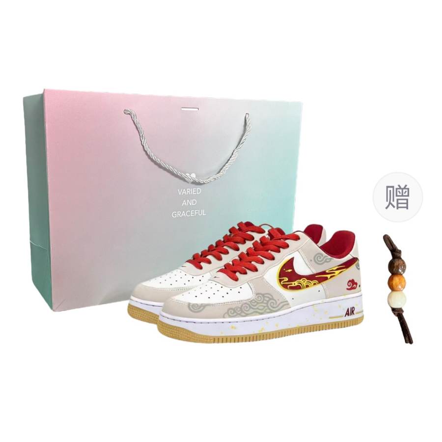 Nike Nike Air Force 1 Shopping Bag, Red Gold Cloud Pattern CNY Low top Skateboard Shoes Unisex Beige White Red