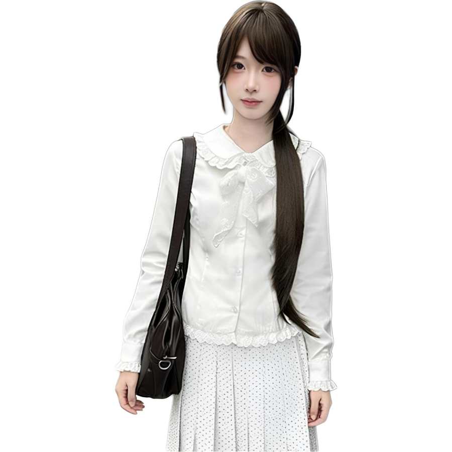 Cotton Gene Shirts Women's White Shirt+Lace Scarf Peter Pan Collar Thin