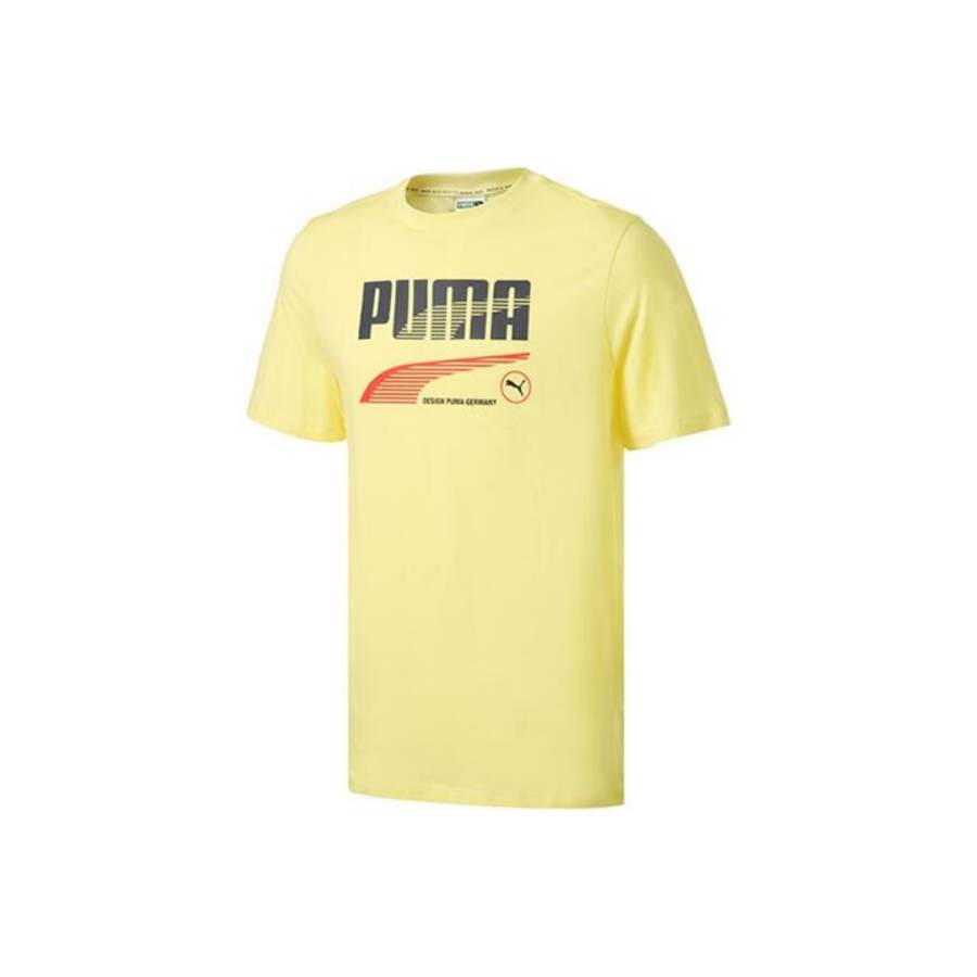 PUMA AOP T Shirts Men's Yellow Crew Neck Moderate Straight Fit