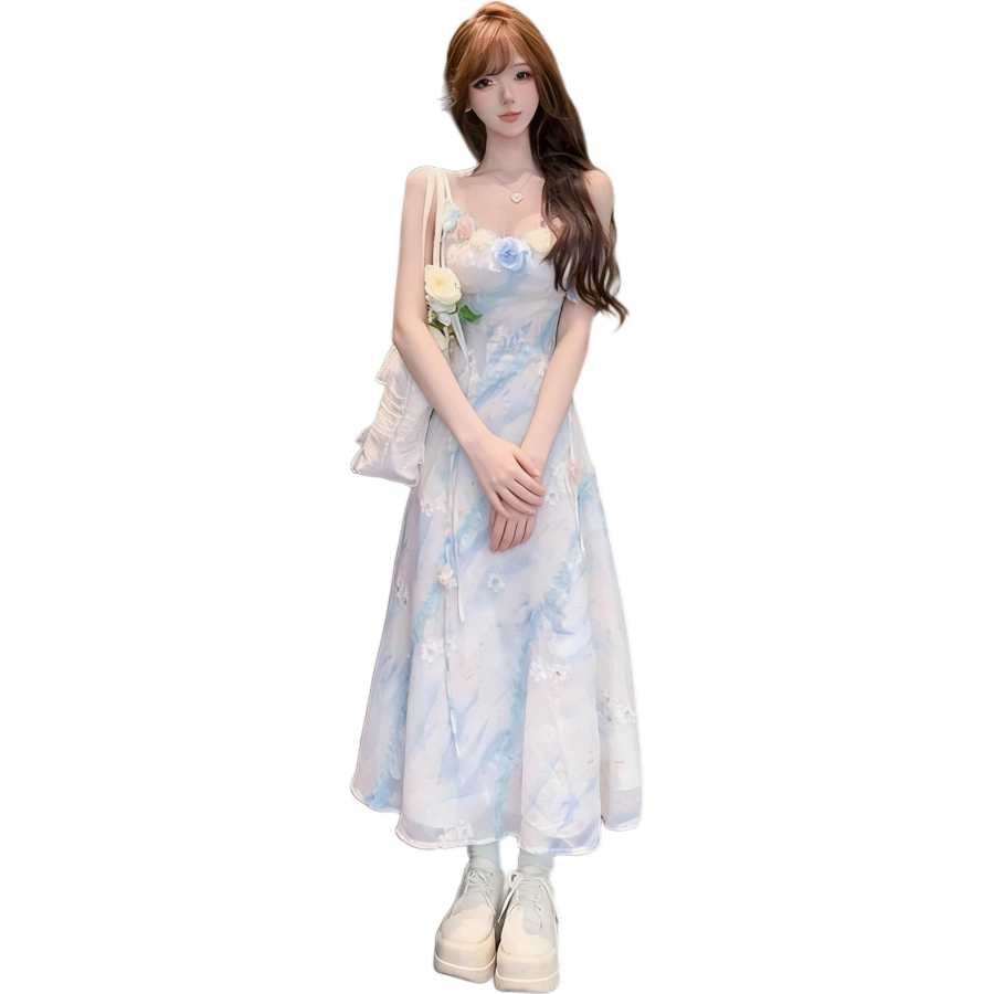 VENICEW Slip Dresses Women's Image Color Square Collar Thin Long