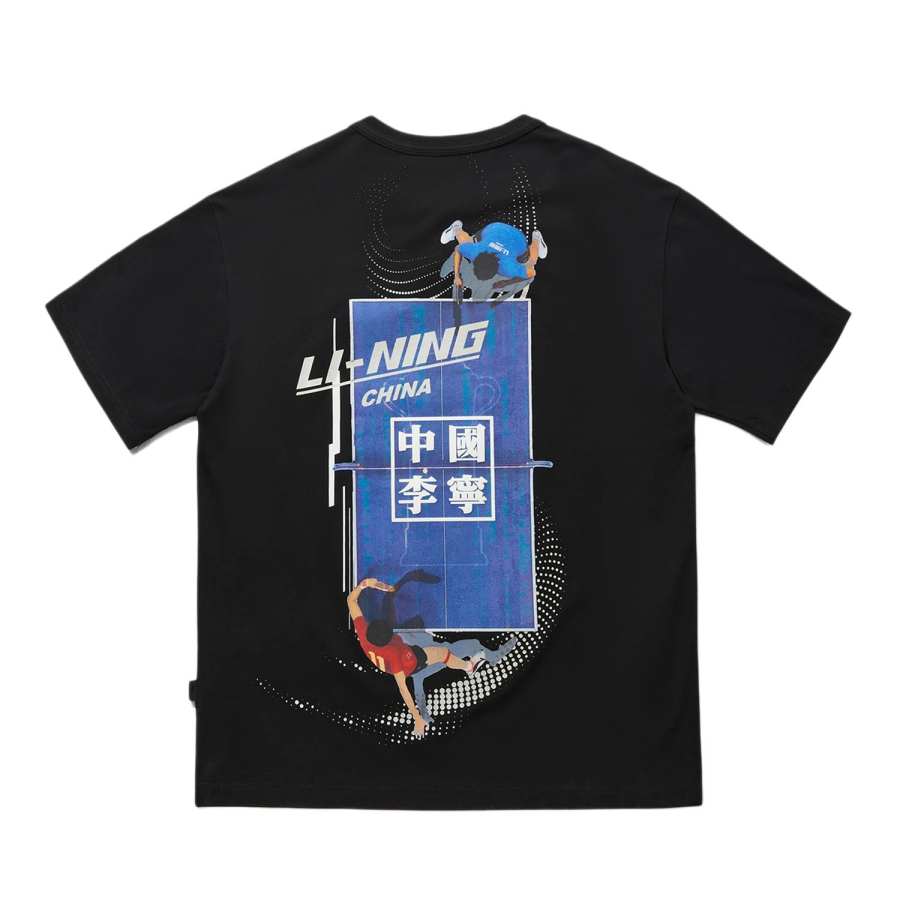 Li-Ning Li Ning T Shirts Unisex Black Crew Neck Moderate Straight Fit