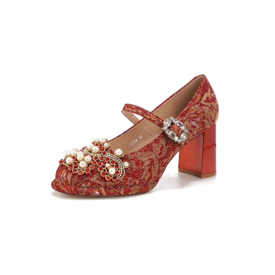 Lanza Red Lace Pearl Rhinestone Square Toe, Slender Foot, Vintage Palace Style, Soft, Refined, Heavyweight, Elegant