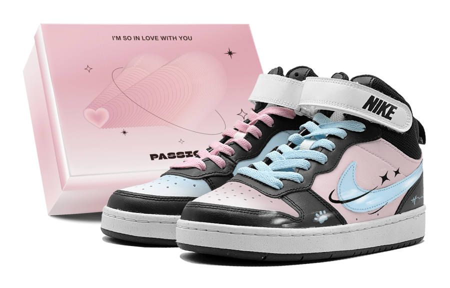 Nike Nike Court Borough 2 Pink Blue Star Trail, Couple's, Reverse Mismatched, Hand Drawn Graffiti, Sweet And Cute