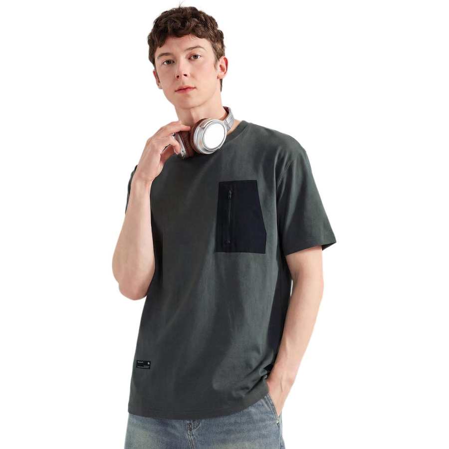 Tonlion T Shirts Men's Dark Gray Crew Neck Moderate Straight Fit