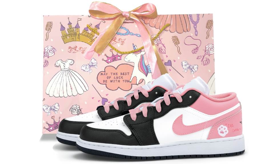 Jordan Jordan Air Jordan 1 XIX Cute Paw Stickers Synthetic Leather Low top Children's Basketball Shoes White Pink Unisex