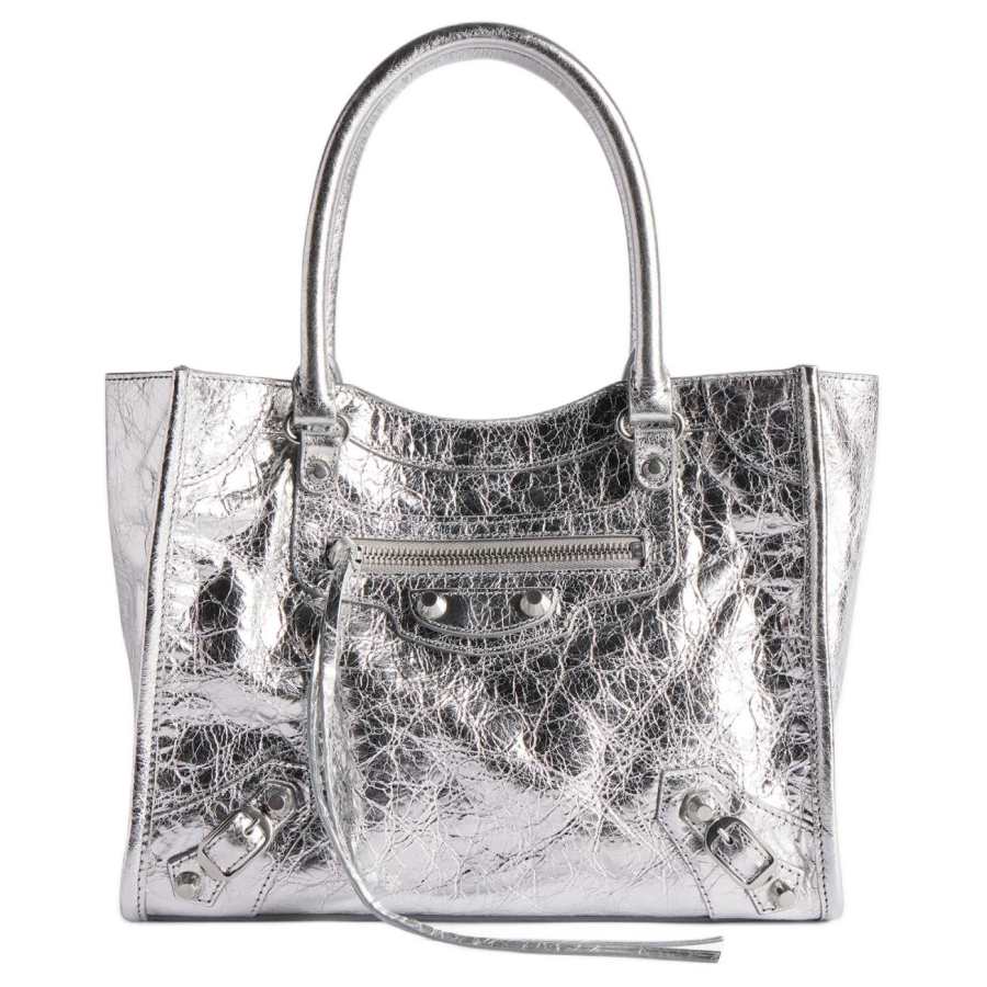Balenciaga Le City Fine Grained Sheepskin One Shoulder Crossbody Tote Handbag Mini Women's Silver