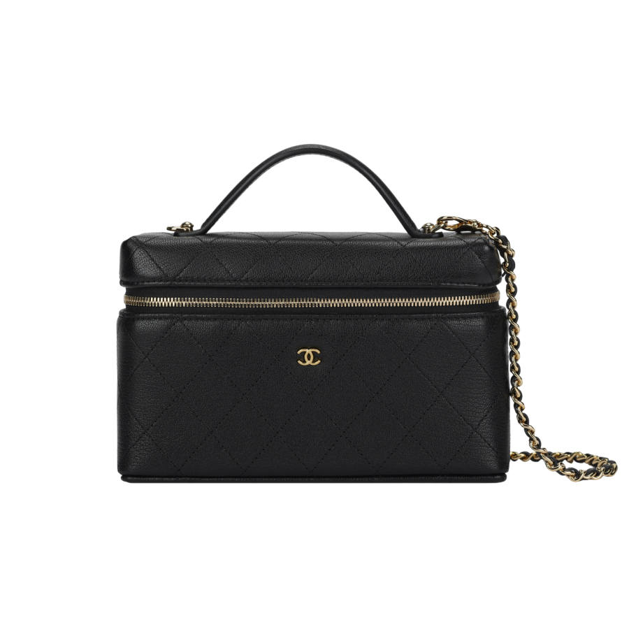 CHANEL Goatskin Box Bag Makeup Bag Women's Black