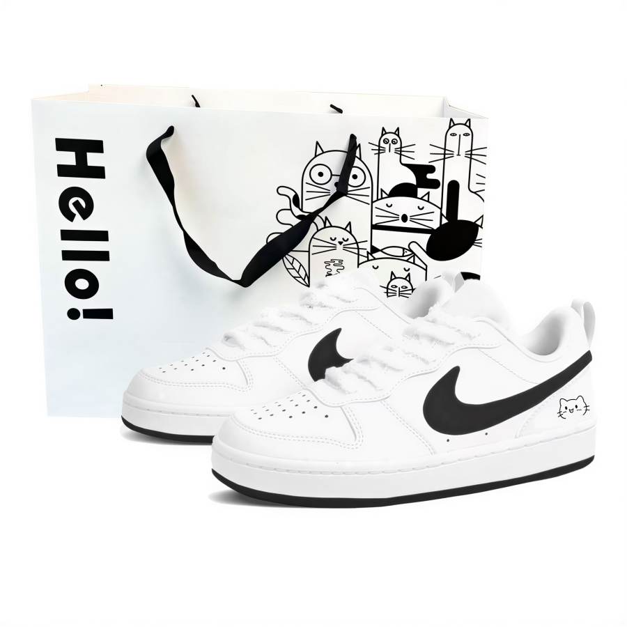 Nike Nike Court Borough Meowth Shiro Synthetic Leather Cushioning Breathable Low top Skateboard Shoes Black White