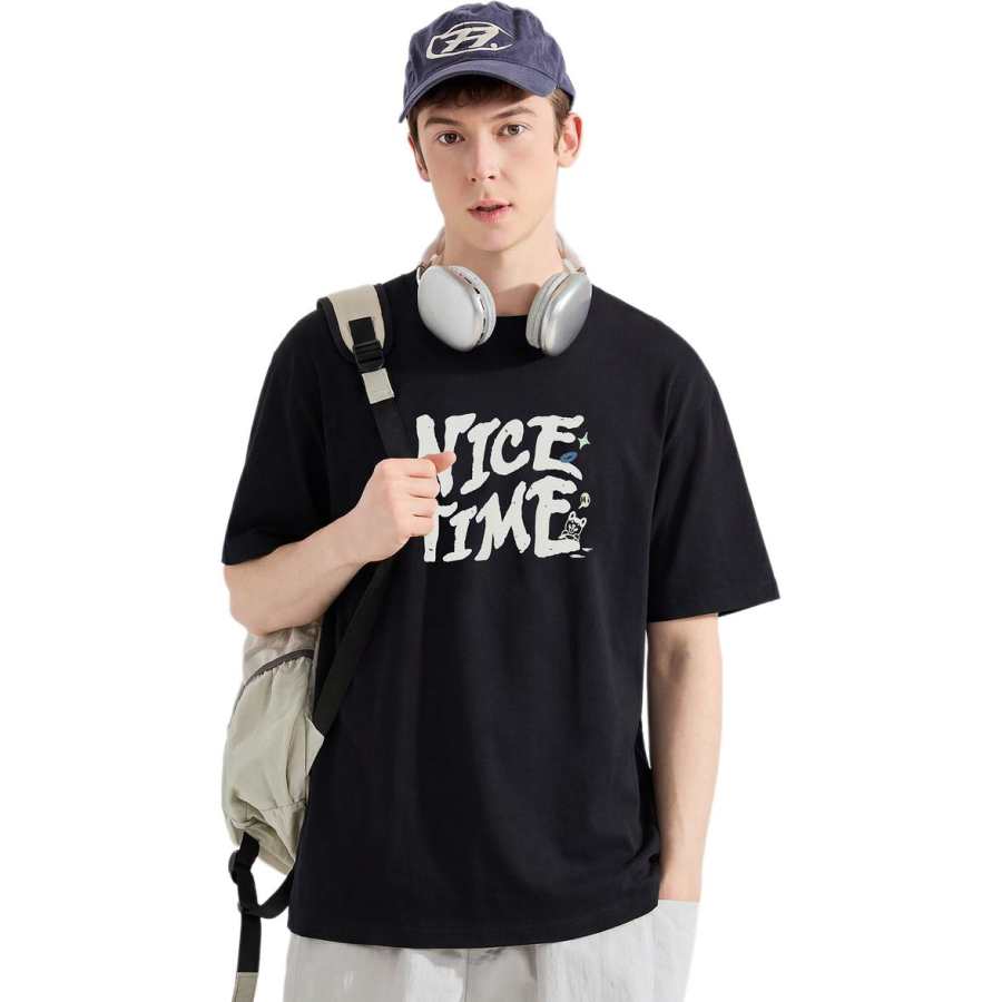 Tonlion T Shirts Men's Black Crew Neck Moderate Straight Fit