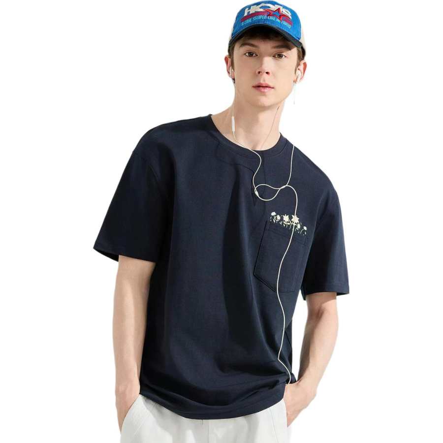 Tonlion T Shirts Men's Navy Blue Crew Neck Moderate Straight Fit