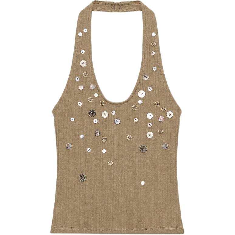 ZARA Tank Tops Women's Olive Green Halter Neck