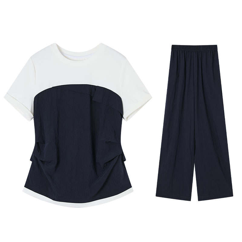 XIANGYING Casual Suits Women's Navy Blue Crew Neck Moderate