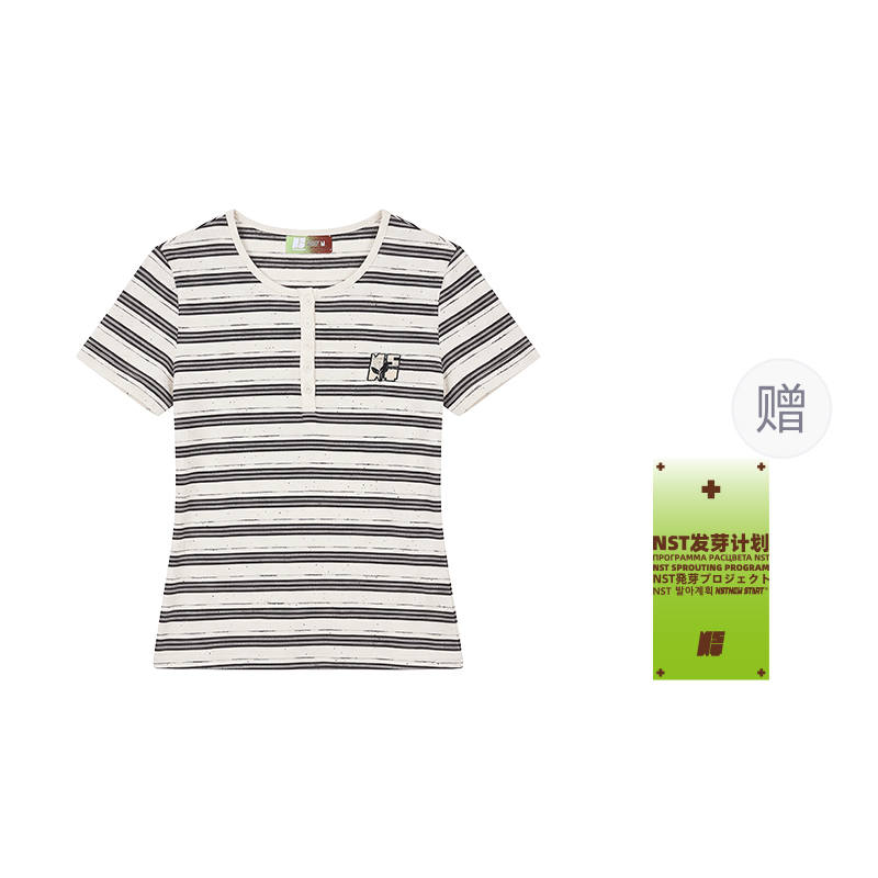 NSTNEW START T Shirts Women's Black White Stripes Crew Neck Thin Straight Fit