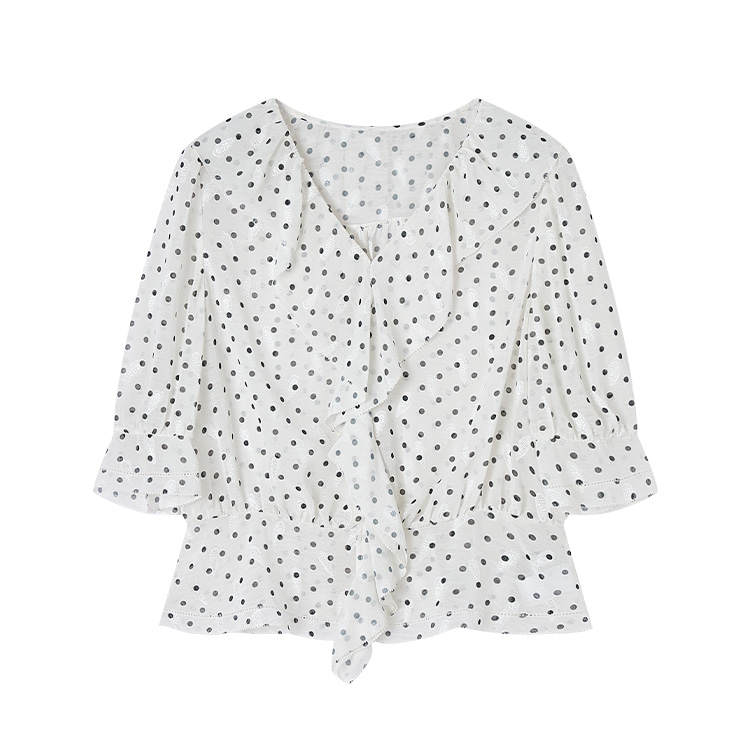 XIANGYING Shirts Women's Polka Dot V Neck Moderate Nipped In Waist