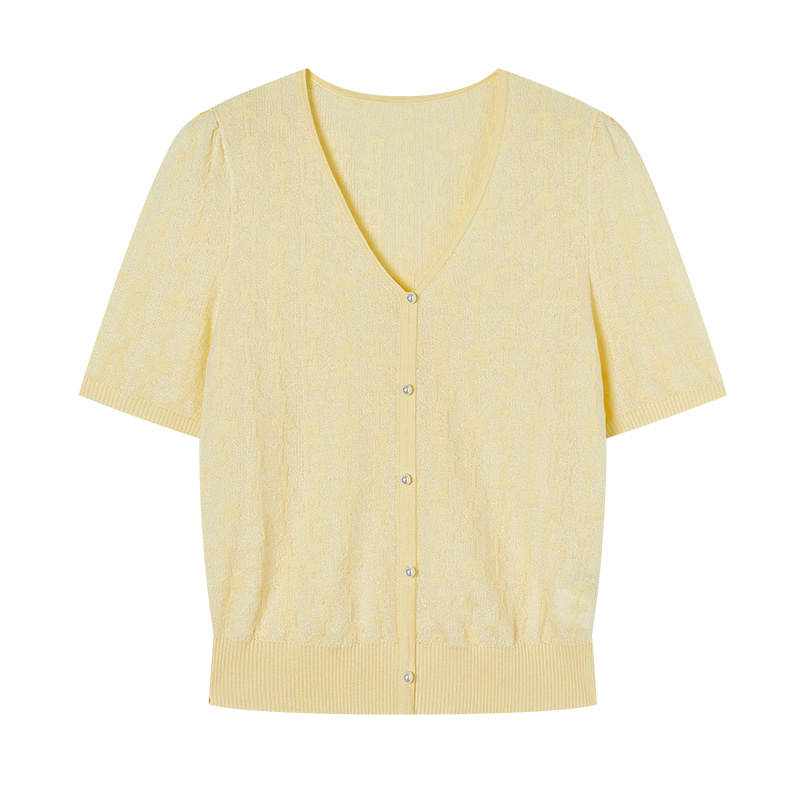 XIANGYING Knitwear Women's Transparent Yellow V Neck Thin Cardigan